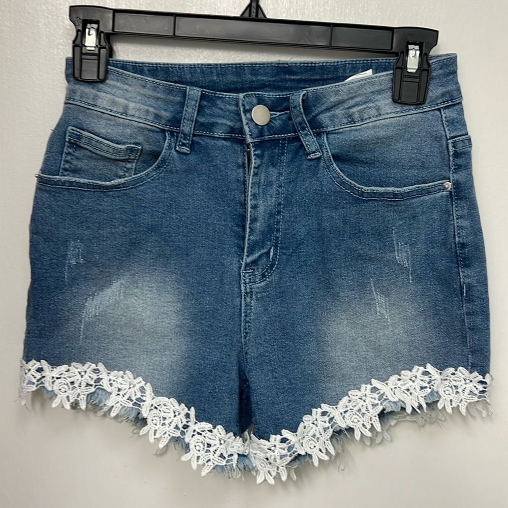 Lace Trim Denim Shorts, Sexy Jean Hotpants, Blue W/ White Lace Detail, Sz.M
